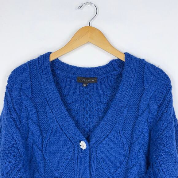 Slate & Willow Women's Bobble Chunky Knit Cardigan Sweater Medium Blue - Picture 4 of 15